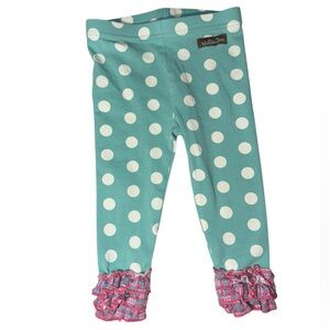 Matilda Jane teal and white polka dot leggings with pink ruffle trim 18-24 Mo